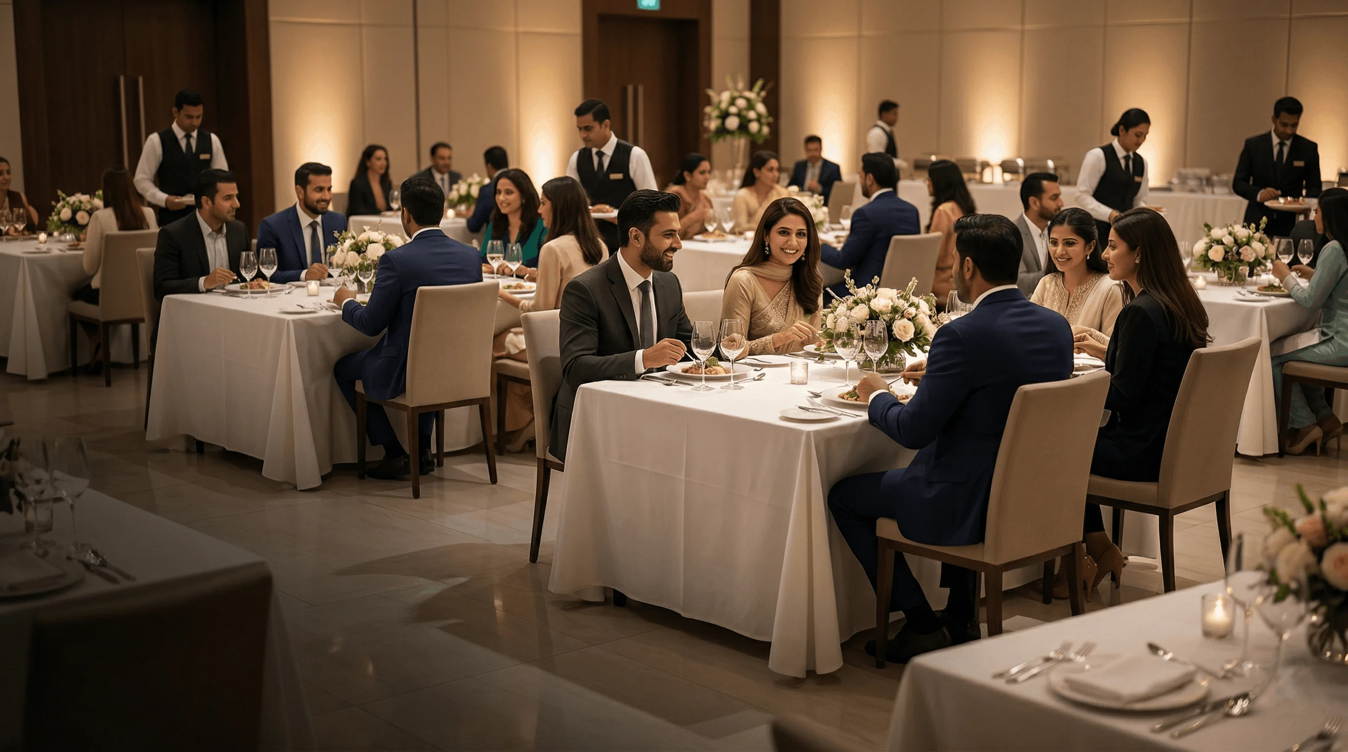 Professional corporate dining event with formal table setup